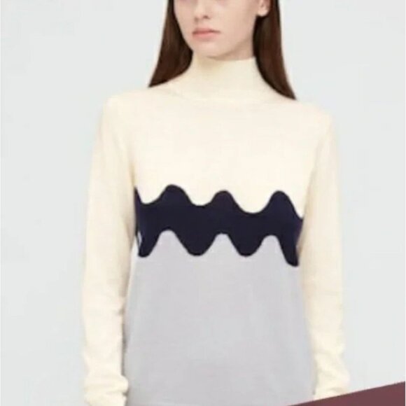 Uniqlo × Marimekko Mock Turtleneck Sweater S Knit Wave Cream Gray Black Wool - Picture 1 of 15